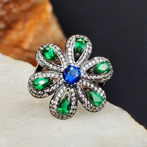 Solid Sterling Silver 925 Ring Designer Jewelry Sapphire Gem Floral Design